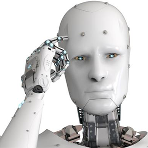 A human like robot pointing to its head